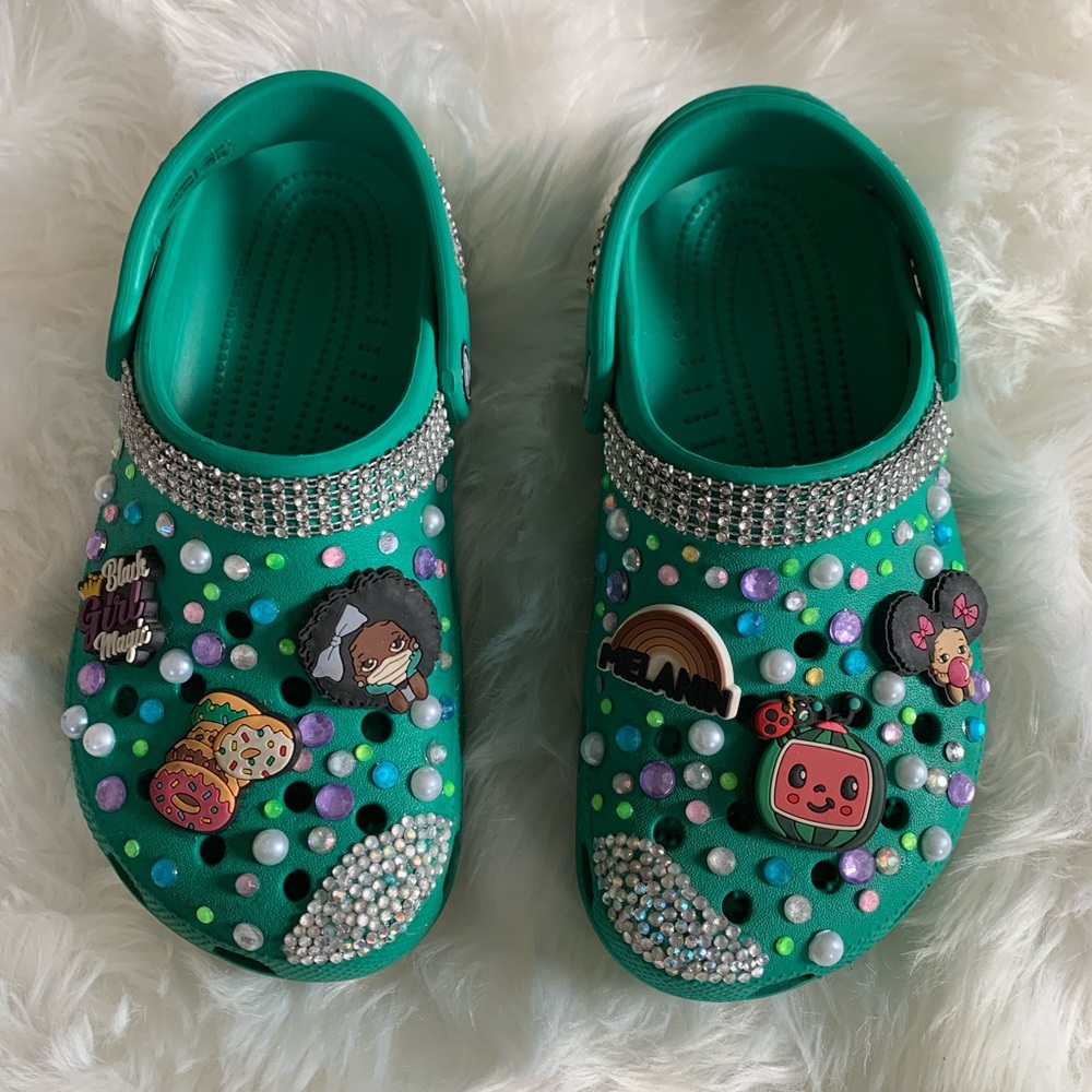 Girls Green Bling Crocs, size 3